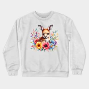 A baby kangaroo decorated with beautiful colorful flowers. Crewneck Sweatshirt